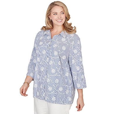 Plus Size Alfred Dunner Puff Print Pinstripe Embroidered Button Down Top