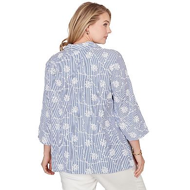Plus Size Alfred Dunner Puff Print Pinstripe Embroidered Button Down Top