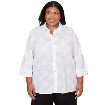 Plus Size Alfred Dunner Collared Flower Embroidered Button Down Top