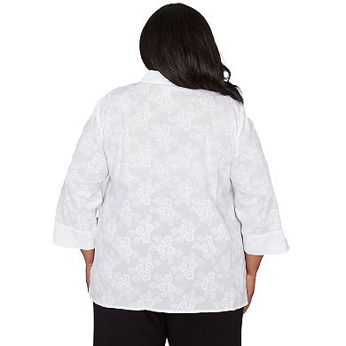 Plus Size Alfred Dunner Collared Flower Embroidered Button Down Top