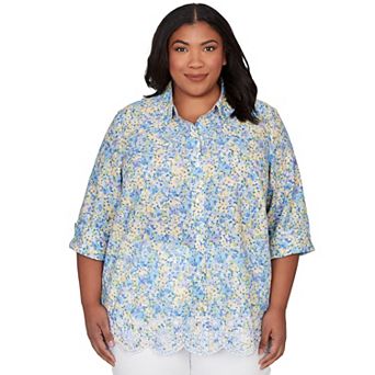 Plus Size Alfred Dunner Embroidered Floral Border Button Down Top