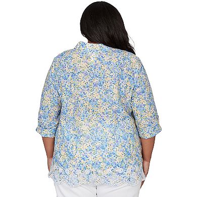 Plus Size Alfred Dunner Embroidered Floral Border Button Down Top