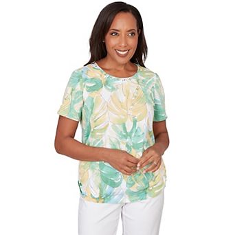 Petite Alfred Dunner Tropical Leaf Beaded Neck Ruched T-Shirt