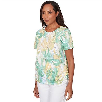 Petite Alfred Dunner Tropical Leaf Beaded Neck Ruched T-Shirt