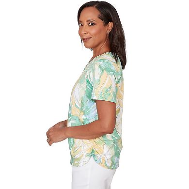 Petite Alfred Dunner Tropical Leaf Beaded Neck Ruched T-Shirt