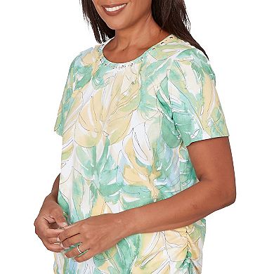 Petite Alfred Dunner Tropical Leaf Beaded Neck Ruched T-Shirt