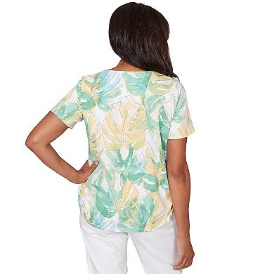 Petite Alfred Dunner Tropical Leaf Beaded Neck Ruched T-Shirt