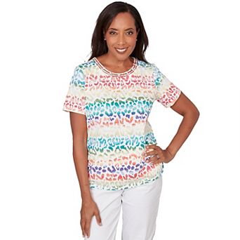 Petite Alfred Dunner Beaded Neck Rainbow Animal Print Ruched T-Shirt