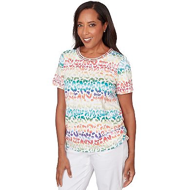 Petite Alfred Dunner Beaded Neck Rainbow Animal Print Ruched T-Shirt