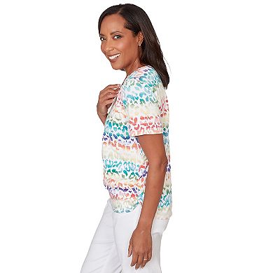 Petite Alfred Dunner Beaded Neck Rainbow Animal Print Ruched T-Shirt