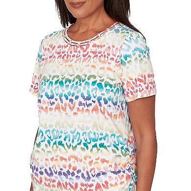 Petite Alfred Dunner Beaded Neck Rainbow Animal Print Ruched T-Shirt