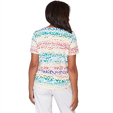 Petite Alfred Dunner Beaded Neck Rainbow Animal Print Ruched T-Shirt