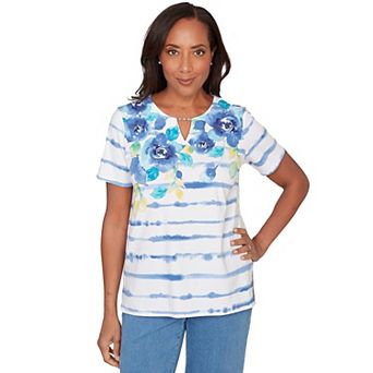 Petite Alfred Dunner Striped Floral Split Neck T-Shirt