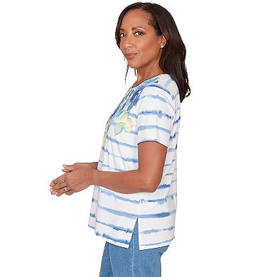 Petite Alfred Dunner Striped Floral Split Neck T-Shirt