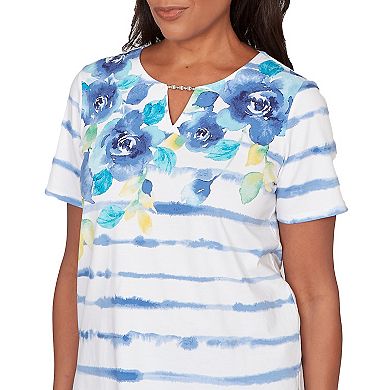 Petite Alfred Dunner Striped Floral Split Neck T-Shirt