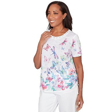 Petite Alfred Dunner Butterfly Beaded Side Tie Ruched T-Shirt