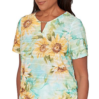 Petite Alfred Dunner Sunflower Split Neck Side Ruched T-Shirt