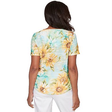 Petite Alfred Dunner Sunflower Split Neck Side Ruched T-Shirt