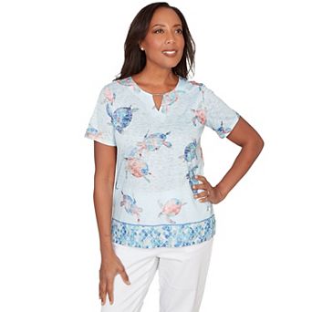Petite Alfred Dunner Sea Turtle Border Split Neck T-Shirt