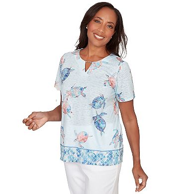 Petite Alfred Dunner Sea Turtle Border Split Neck T-Shirt
