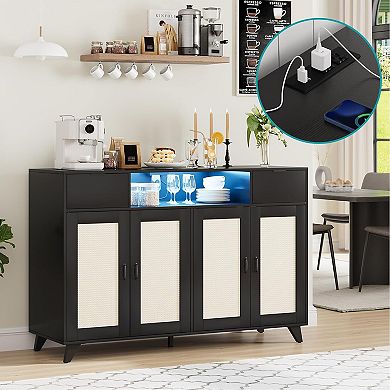 Sideboard with 4 Rattan Doors 2 Drawers Dresser Power Outlet USB Ports LED Adjustable AntiTip
