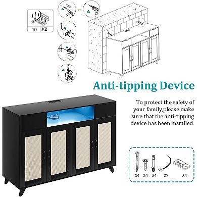 Sideboard with 4 Rattan Doors 2 Drawers Dresser Power Outlet USB Ports LED Adjustable AntiTip