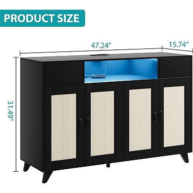 Sideboard with 4 Rattan Doors 2 Drawers Dresser Power Outlet USB Ports LED Adjustable AntiTip