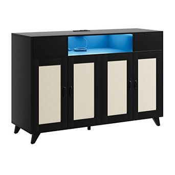 Sideboard with 4 Rattan Doors 2 Drawers Dresser Power Outlet USB Ports LED Adjustable AntiTip