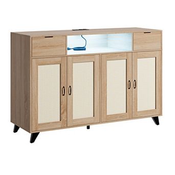 Sideboard with 4 Rattan Doors 2 Drawers Dresser Power Outlet USB Ports LED Adjustable AntiTip