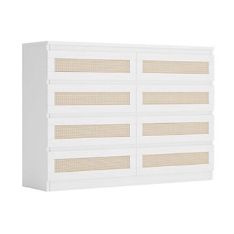 Rattan 8 Drawer Wood Dresser with Wide Tabletop Metal Rails AntiTip Safety MultiPurpose TV Stand