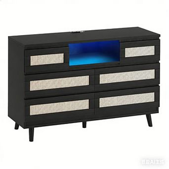 Rattan 6 Drawer Dresser with RGB Lights Charging Station USB AC Outlets Bohemian Design