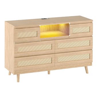 Rattan 6 Drawer Dresser with RGB Lights Charging Station USB AC Outlets Bohemian Design