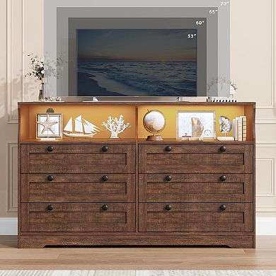 Modern 6 Drawer Dresser with USB Power Outlet LED Lights AntiTip Design Scratch Resistant MDF