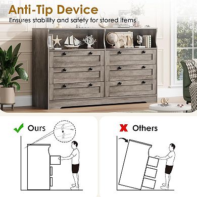 Modern 6 Drawer Dresser with USB Power Outlet LED Lights AntiTip Design Scratch Resistant MDF