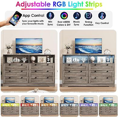 Modern 6 Drawer Dresser with USB Power Outlet LED Lights AntiTip Design Scratch Resistant MDF