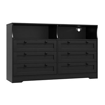 Modern 6 Drawer Dresser with USB Power Outlet LED Lights AntiTip Design Scratch Resistant MDF