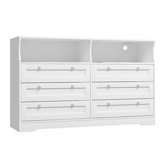 Modern 6 Drawer Dresser with USB Power Outlet LED Lights AntiTip Design Scratch Resistant MDF