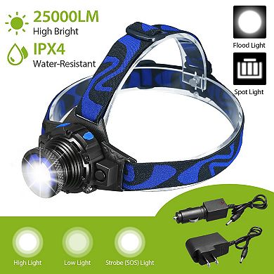 25000LM LED Headlamp, Zoomable Tactical Headlight Flashlight Torch with Charger for Camping & Outdoo