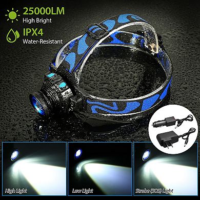 25000LM LED Headlamp, Zoomable Tactical Headlight Flashlight Torch with Charger for Camping & Outdoo
