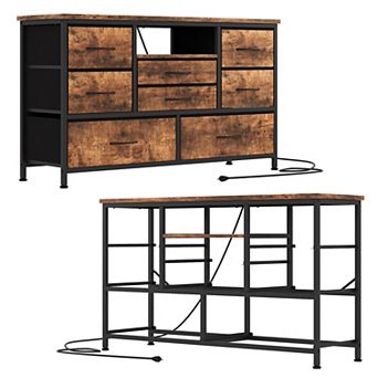 6 Drawer Dresser with LED Charging Station Gold Handles Geometric Design USB AC Outlets 47 Inch