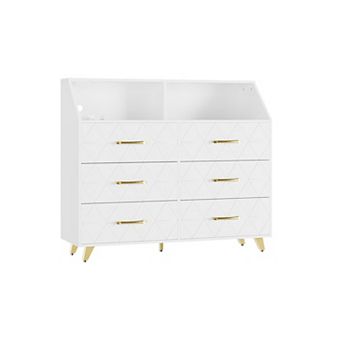 6 Drawer Dresser with LED Charging Station Gold Handles Geometric Design USB AC Outlets 47 Inch