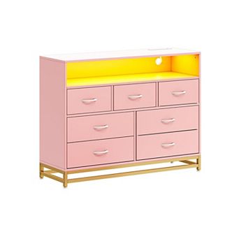 7 Drawer Wooden Dresser with RGB LED Lighting and Integrated Charging Station Spacious Wide Chest