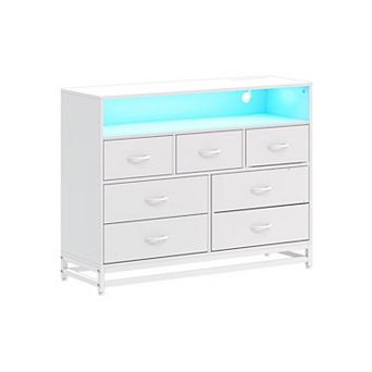 7 Drawer Wooden Dresser with RGB LED Lighting and Integrated Charging Station Spacious Wide Chest