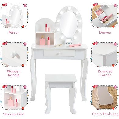 Princess Wooden Makeup Desk Set with Lights, Mirror, Stool & Storage, ASTM Certified