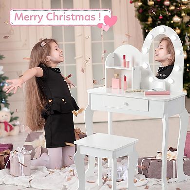 Princess Wooden Makeup Desk Set with Lights, Mirror, Stool & Storage, ASTM Certified