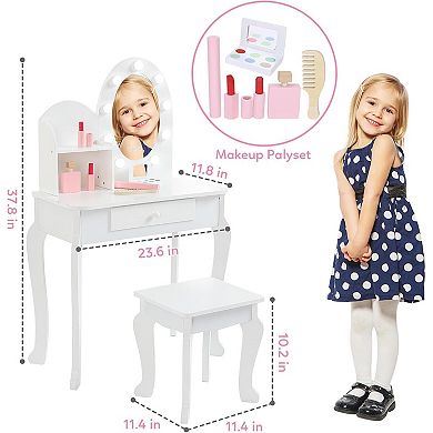Princess Wooden Makeup Desk Set with Lights, Mirror, Stool & Storage, ASTM Certified