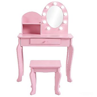 Princess Wooden Makeup Desk Set with Lights, Mirror, Stool & Storage, ASTM Certified