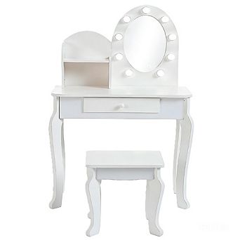 Princess Wooden Makeup Desk Set with Lights, Mirror, Stool & Storage, ASTM Certified