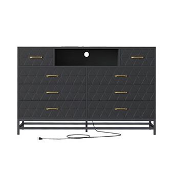 55 Inch 8 Drawer Dresser RGB Lights Power Outlets Gold Knobs AntiTilt Deep Drawers TV Stand