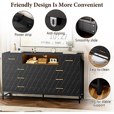 55 Inch 8 Drawer Dresser RGB Lights Power Outlets Gold Knobs AntiTilt Deep Drawers TV Stand